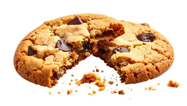 A partially eaten, close-up shot of a golden-brown, chocolate chip pastry treat