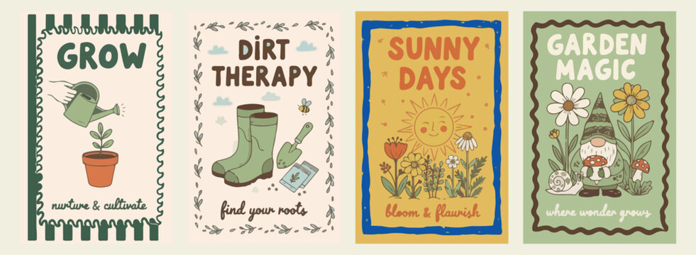 Dirt therapy gardening boots, sunny days sun illustration, retro vertical posters, outdoor hobby concept, vintage aesthetic wall art, summer vibe graphics, garden lover gift


