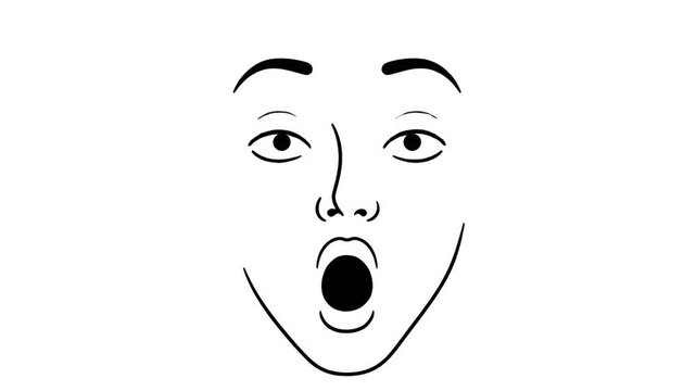 Line drawing of a surprised face. Eyes wide, mouth open. On a white background
