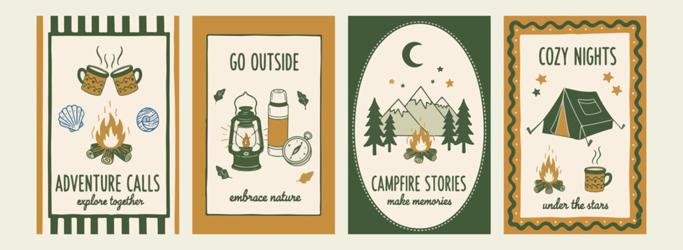 vintage camping lantern icon, mountain forest campsite art, outdoor adventure travel vector, nature camping stories concept, rustic wilderness camping gear, minimalist forest landscape design, go outs