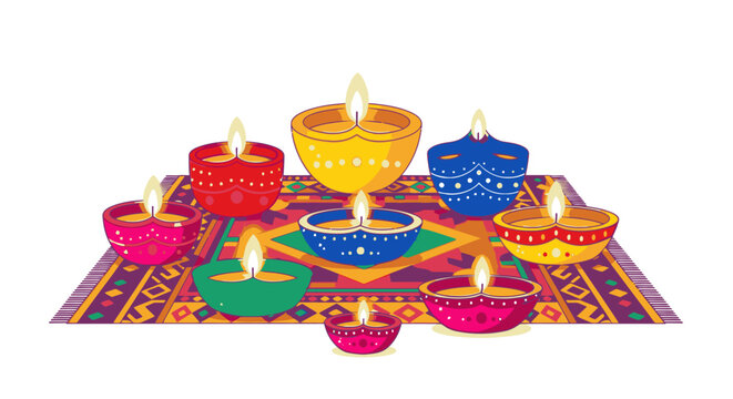 Vibrant Diwali diyas arranged on a colorful rangoli pattern, symbolizing light and celebration