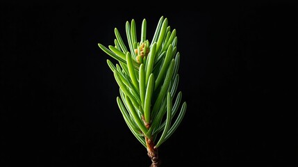 Naklejka premium Close-up of fresh green pine needles against a black background, showcasing the vibrant texture and detail of the foliage in a natural setting