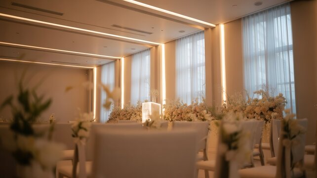 Elegant Modern Wedding Ceremony Venue with Soft Lighting and Floral Aisle