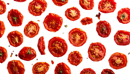 Fototapeta premium Overhead shot of numerous dried tomato slices scattered on a stark black background