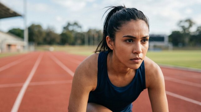 Portrait of determined female runner on stadium track before start. Intense athlete face preparing for sprint race. Concept of motivation, sport goals and professional training.