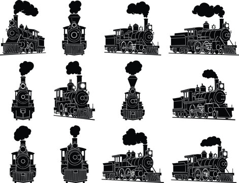 Steam Train Silhouettes Collection with Vintage Locomotive Designs, Black Vector Set of Classic Railway Engines for Transport, Industrial, Travel, and Retro Projects