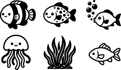 Fototapeta premium Cute black and white cartoon fish jellyfish and seaweed vector art