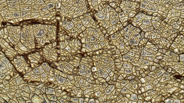 Aerial view of dry cracked ground with intricate mineral patterns and earthy textures in Minas de Riotinto, Andalusia, Spain.