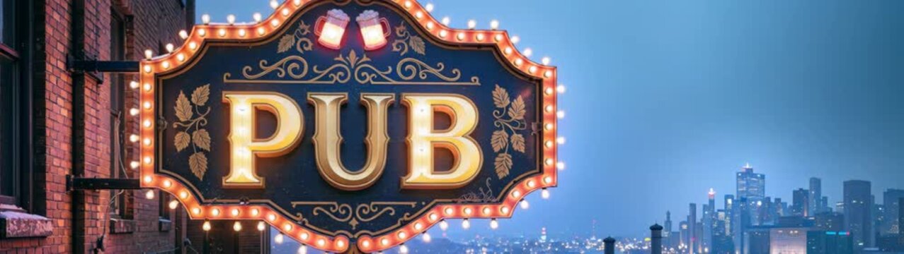Pub Sign With Beer Mugs And City Skyline At Dusk Local Business Bar Scene Entertainment District.
