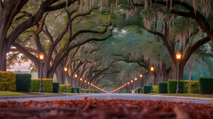 Obraz premium Tree lined avenue with spanish moss and vintage street lamps creating peaceful scenic walkway with natural tunnel view