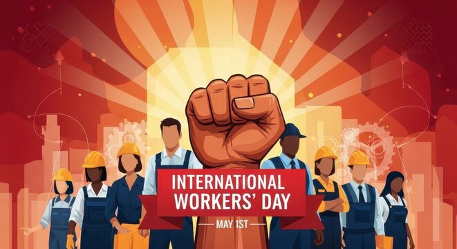 Diverse team celebrating International Workers' Day with unity and strength in vibrant office