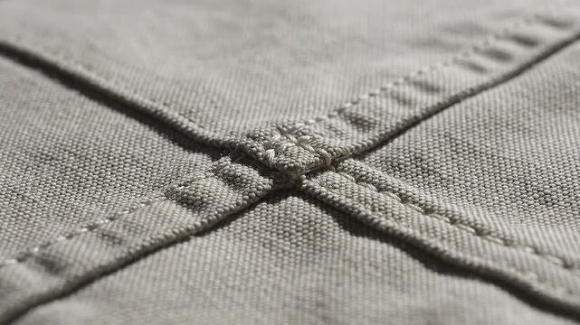 Close-up view of beige fabric stitching showing detailed seam and cross-stitch pattern under natural light, highlighting texture and craftsmanship in textile design