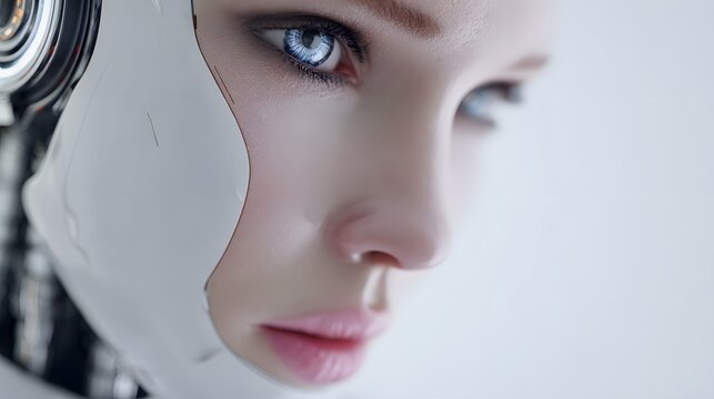 Futuristic female robot face, humanoid android head, artificial intelligence concept