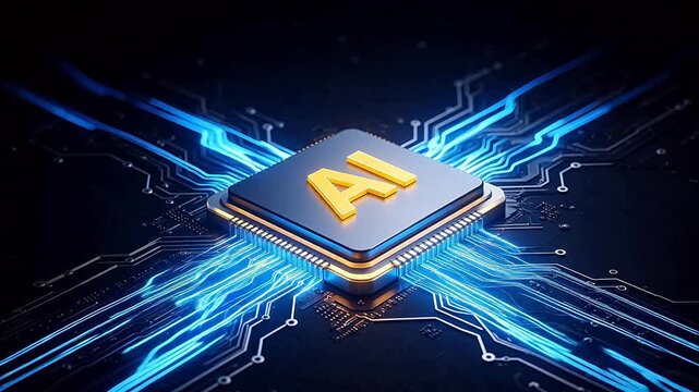 AI Chip Concept: Futuristic Processor with Glowing Blue Circuits and Golden 'AI' Logo, Representing Artificial Intelligence, Machine Learning, and Advanced Computing Technology