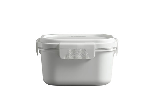 White plastic food container with airtight lid, empty reusable lunch box, meal prep storage, transparent background
