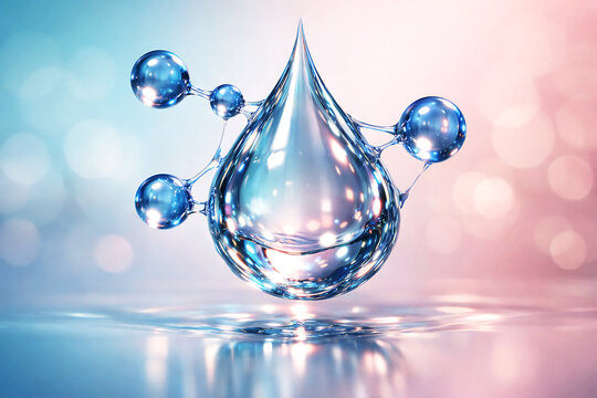 Blue glowing D N A double helix with spherical particles and light beams DNA double helix