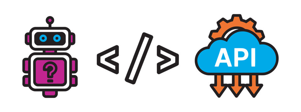 Robot with question mark and code brackets next to cloud API connection.