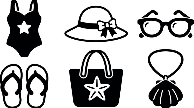 Black and white summer accessories swimsuit hat glasses bag and flip flops vector art