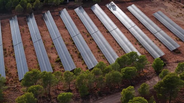 Aerial view of solar power plant with rows of photovoltaic panels on dry land surrounded by trees and natural landscape