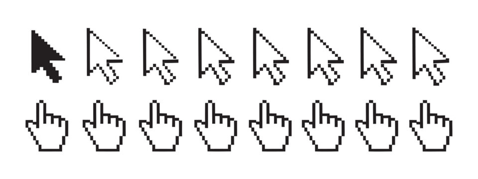 Pixel cursor arrow and hand icons set black white vector.