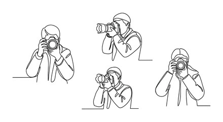 Naklejka premium Line art illustration depicting a photographer in various poses