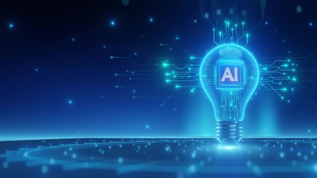 AI technology glowing light bulb on blue background in 4K