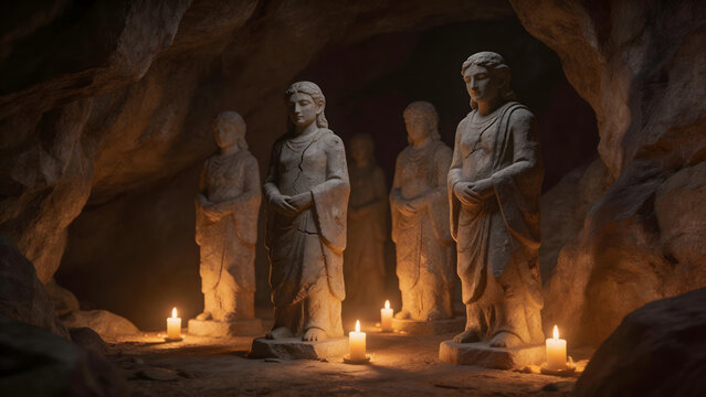 Stone statues in cave with candles