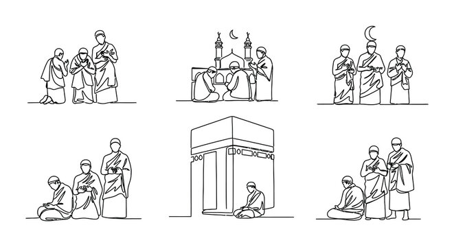Line art depiction of the kaaba and pilgrims during hajj rituals