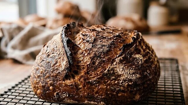 Rustic sourdough loaf fresh from oven with steam and artisanal crust cooling on rack in cozy kitchen warm homemade bread off grid living