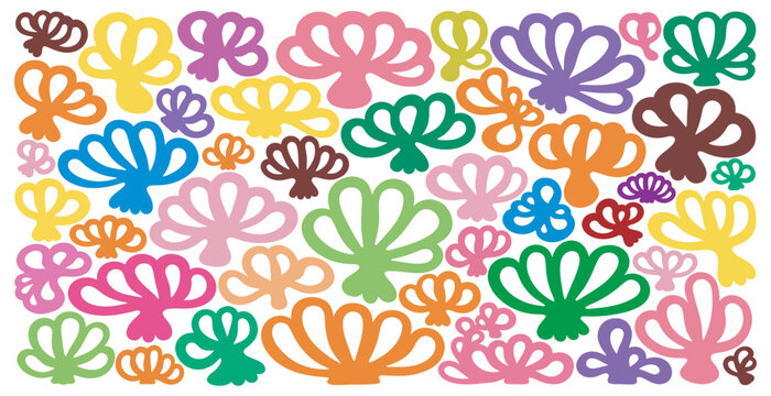 Abstract colorful seashell shapes pattern in vibrant pastel palette on white backdrop.