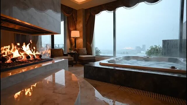 Luxurious hotel suite with fireplace and jacuzzi overlooking a cityscape