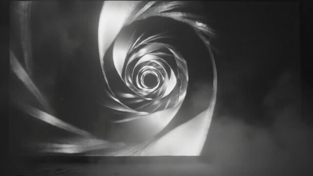 Black and white spiraling tunnel projection in a foggy and abandoned industrial setting
