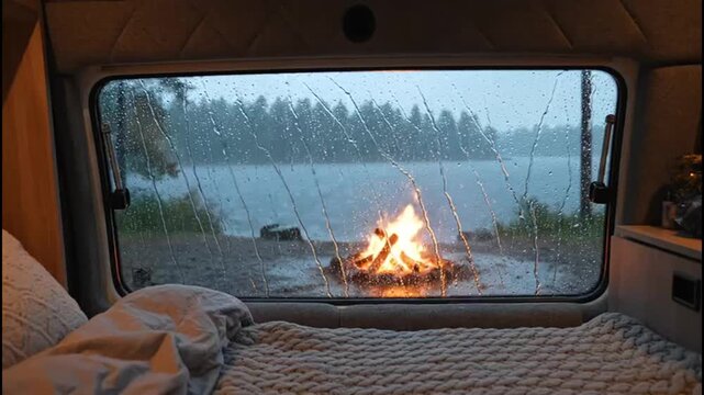 Cozy camper van interior offers a warm refuge on a rainy day, showcasing a crackling campfire by the lake, creating a serene and adventurous outdoor experience