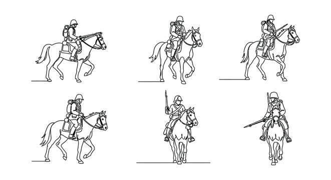 Line art depiction of mounted soldiers and cavalry in various poses