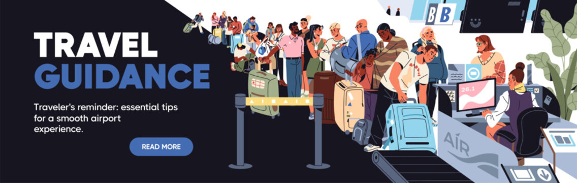 Design of web banner with passengers queue at boarding gate. Template with people in line at passport control at airport. Site layout with characters travel by flight. Flat vector illustration