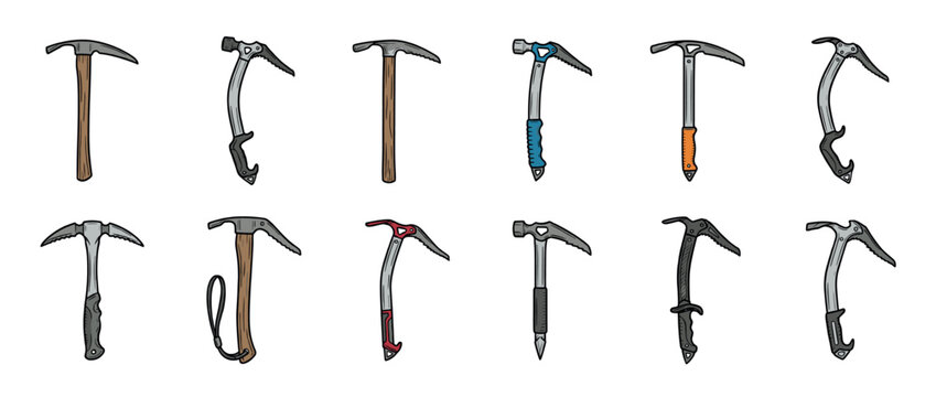 Ice axes collection featuring various designs and styles of mountaineering equipment for climbing and outdoor adventures.