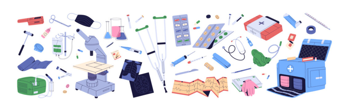 Medical tools set. First aid kit items: pills, bandages, mask. Supplies for ambulance and hospital: different remedies, surgical instruments, thermometer. Flat isolated vector illustrations on white
