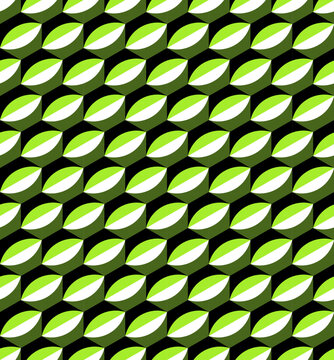 Green leaf geometric seamless pattern with optical illusion, abstract peripheral drift op art background with hypnotic effect.