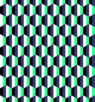 Geometric seamless pattern with 3D cubes and optical illusion, blue and green abstract op art background with peripheral drift effect.