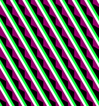 Diagonal geometric seamless pattern with optical illusion, green and magenta stripes creating dynamic peripheral drift op art background.