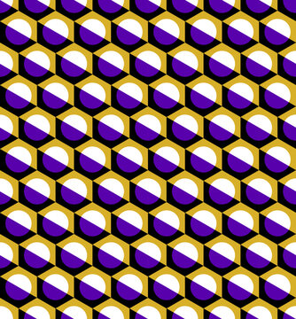Geometric seamless pattern with peripheral drift optical illusion, purple circles and yellow grid abstract background, hypnotic op art design.