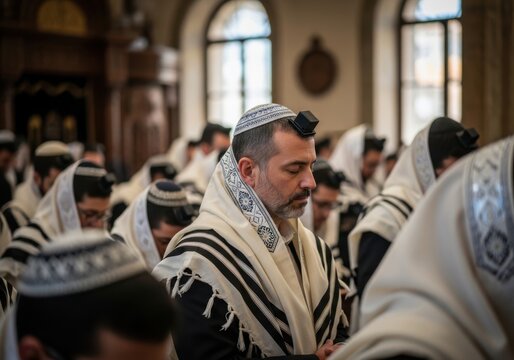 Men in traditional attire praying in a synagogue