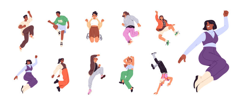 Happy people jump for joy set. Excited men and women leap with hands up. Cheerful characters hop, celebrate victory, rejoice at success and winning. Flat isolated vector illustrations on white