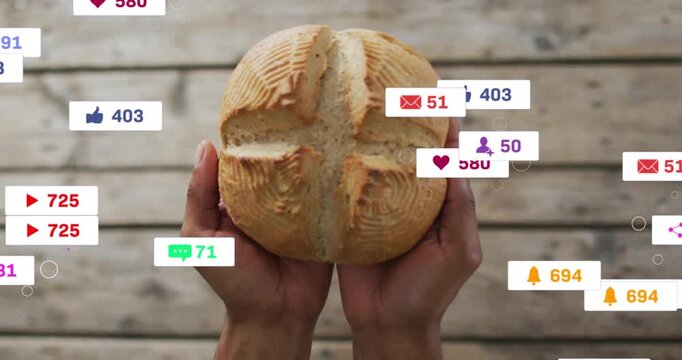 Man holding round loaf over wood plank, badges appearing, converging, then fading for marketing