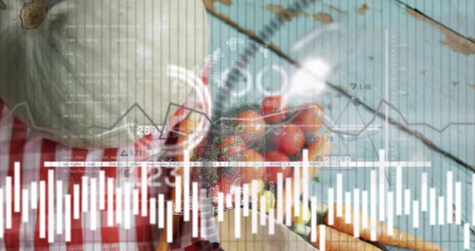 Flatlay produce static while timeline moving sending waves graphs over tomatoes showing food trends