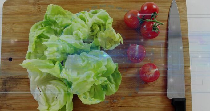 Pale-green lettuce on board, camera panning revealing knife and vine tomatoes, UI highlighting prep