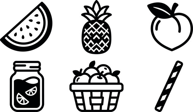 Black and white fruit icons watermelon pineapple peach lemonade basket straw vector art