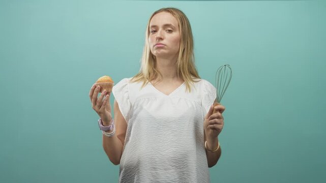 Woman holding muffin and whisk, hands visible, slight frown, white dress, teal studio backdrop; indifference doubt.