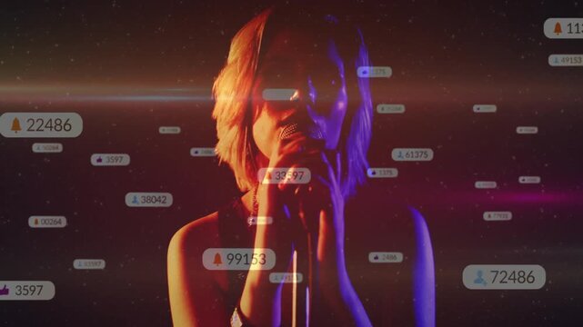 Female singer bringing mic during camera reveal, singing while UI bubbles showing live engagement