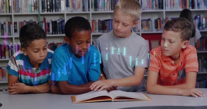 Four boys reading in library, blue tracing text, gray guiding team turning pages with data overlay